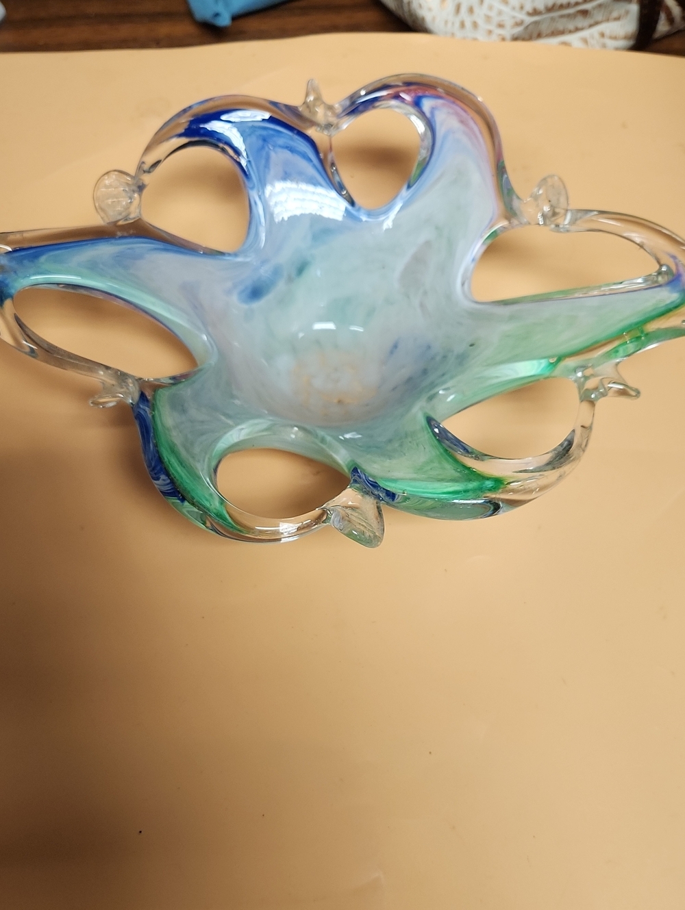 Vintage Murano Style Art Glass Starfis  Handblown Art Glass Bowl in Blue & Green